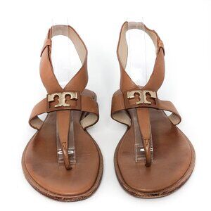 TORY BURCH Gigi Tan Leather Flat Thong Sandals Gold Logo